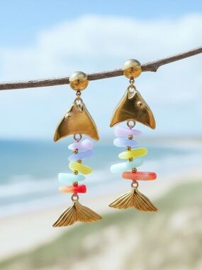 Gold-plated Mermaid Tail Drop Earrings with Pastel Beads - Women Jewelry -SUMMER